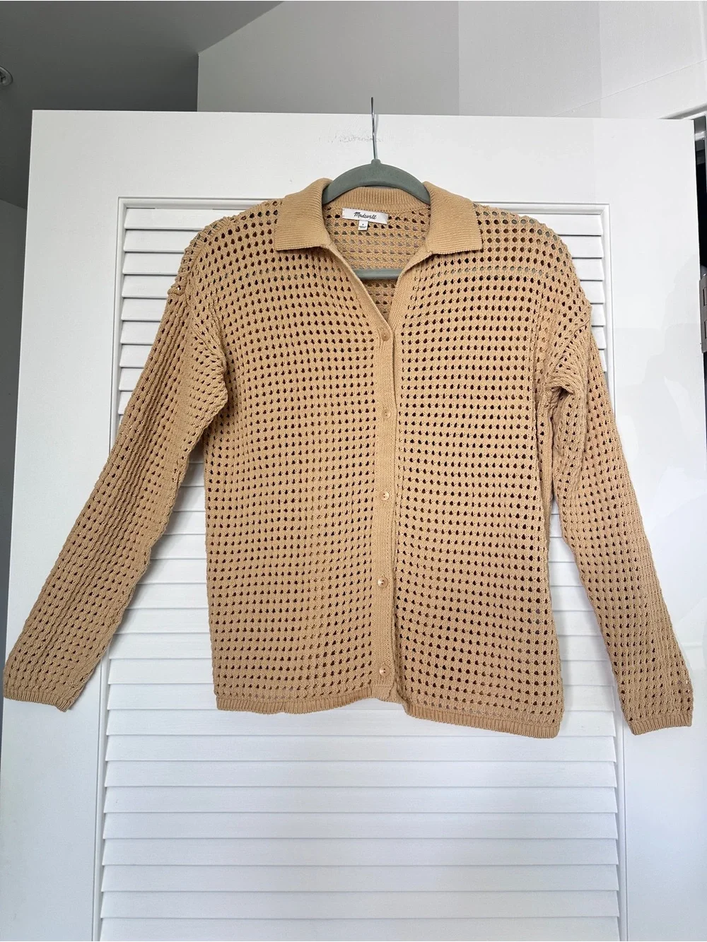 Madewell 100% Cotton Tan Crochet Stitch Open Knit Polo Cardigan Sweater Size S - Picture 2 of 16